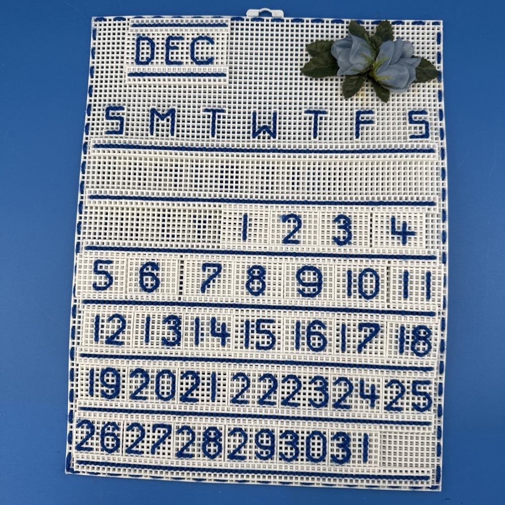 Vintage Handmade Latch Hook Perpetual Calendar Blue & White